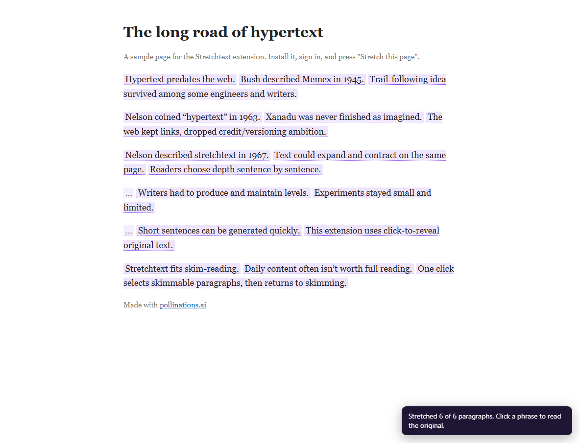 A page after pressing Stretch this page: each sentence is a short phrase